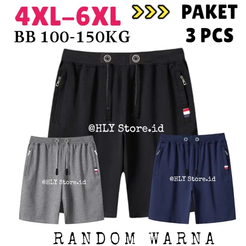 PAKET 3 PCS! Celana Pendek Pria Wanita Jumbo Big size Kolor Pendek Super Jumbo 4XL 5XL 6XL Muat BB 100KG 125KG 140KG 150KG, Saku Resleting,  Shorts Santai Hitam Dewasa Surfing