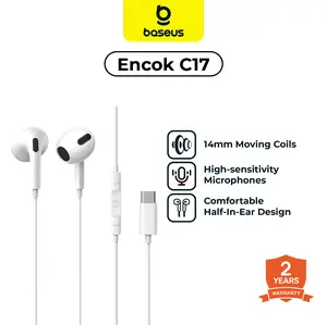 Baseus Encok C17 Headset Handsfree | Type-C Wired Earphone | Mic 14mm | Moving Coils Panggilan Suara HD untuk Oppo Vivo Huawei Xiaomi Samsung | Garansi 2 Tahun