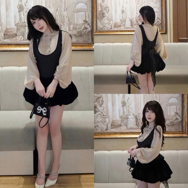 V516 VIP Set 2 món Váy Yếm Nhung Đen Dáng Xòe Và Áo sơmi tay bồng