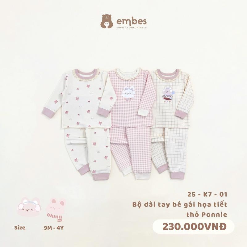 Bộ quần áo dài tay hoạ tiết thỏ Ponnie cho bé gái Embes Việt Nam từ 9 tháng - 4 tuổi - 25-K7-01