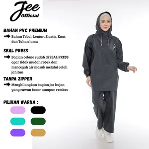 JEE Model Hoodie Jas Hujan Bahan PVC Premium Waterproof Anti Rembes Tahan Air Size L XL XXL Hitam Hijau Army Cream Dusty Pink Sage Lilac