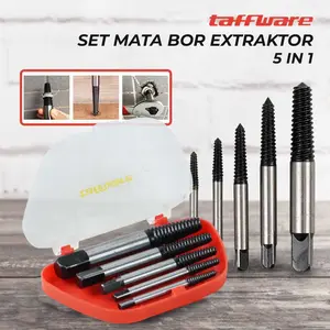 Taffware Set Mata Bor Extractor Broken Screw Remover Kit 5in1 - TL00170 5 Pcs Alat Pembuka Baut Drat Rusak Mata Bor Sekrup Aus Patah Screw Extractor Set Ekstraktor Dol Pembuka Baut Patah Alat Perbaikan Screw Remover Kit Serbaguna Tool Set