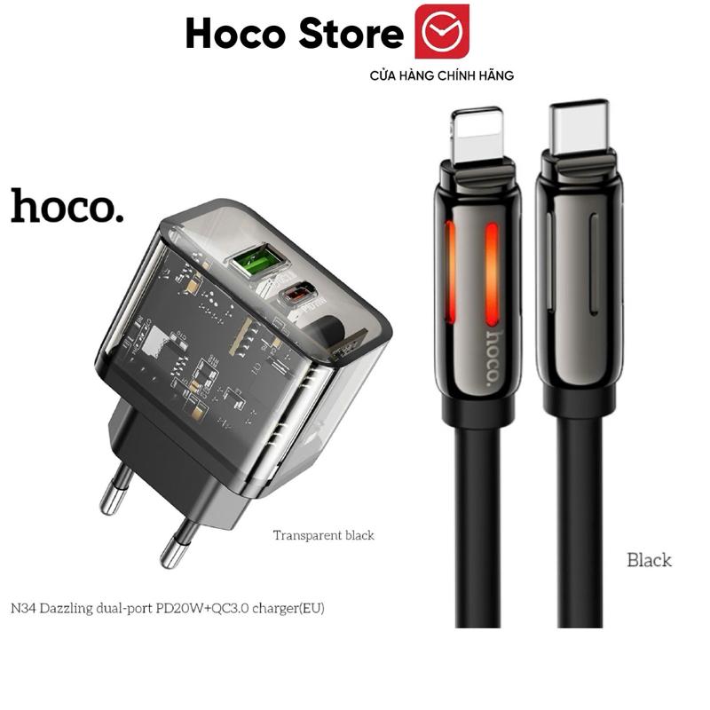 COMBO: Bộ Sạc Nhanh PD 20W Cho iPhone / Androi, Củ Sạc Nhanh N34 Cao Cấp Trong Suốt Kèm Cáp Sạc Nhanh U136 Chân Type-C To Lightning / TypeC - TypeC, Có LED RGB, Cáp Bọc TPE Mềm Mại, Sạc 50% Pin Trong 30Phút, Chíp Sạc Thông Minh Mới Nhất, BH 12 Tháng