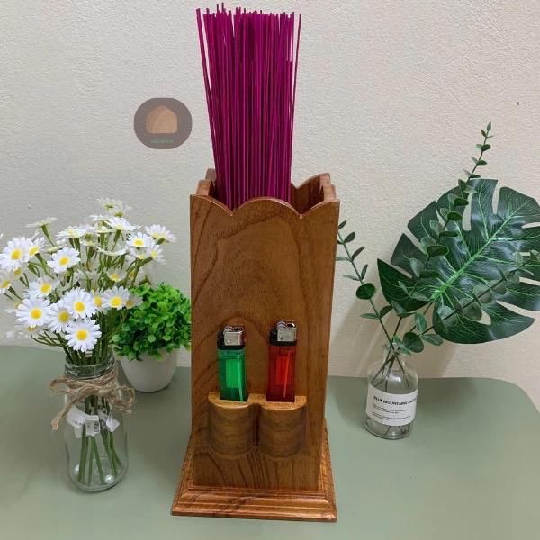 Ống đựng nhang bằng gỗ tự nhiên  có chỗ để hột quẹt hình hoa sen mẫu mới