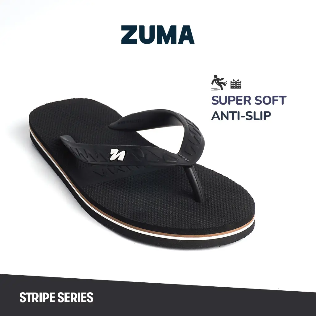 Zuma Men Stripe 7 Black Tan White Sandal Jepit Pria Karet Polos Hitam Stripe Coklat Putih Anti Slip
