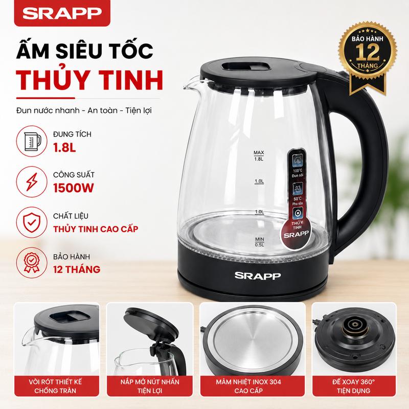 Ấm siêu tốc thủy tinh SRAPP SH-ST204 dung tích 1.8L công suất 1500W