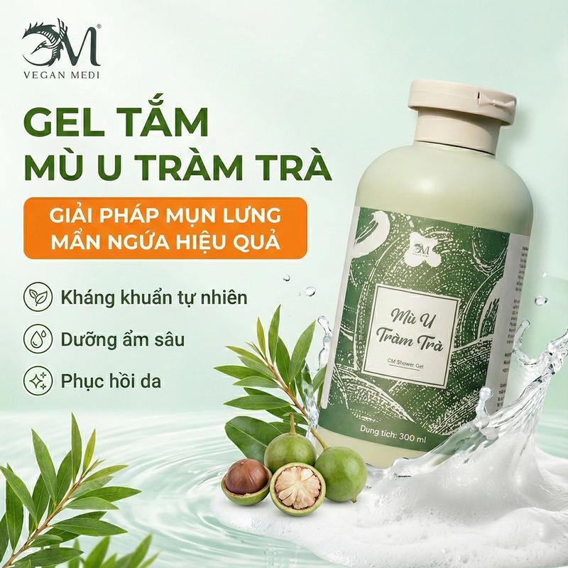 Gel Tắm OM Vegan Mù U Tràm Trà 300ml – Ngừa Mụn Lưng Dưỡng Ẩm Da Chiết Xuất Thiên Nhiên