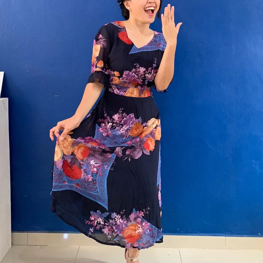 FANMU DRESS - Dress Ungu Corak Bunga Cantik Dewasa