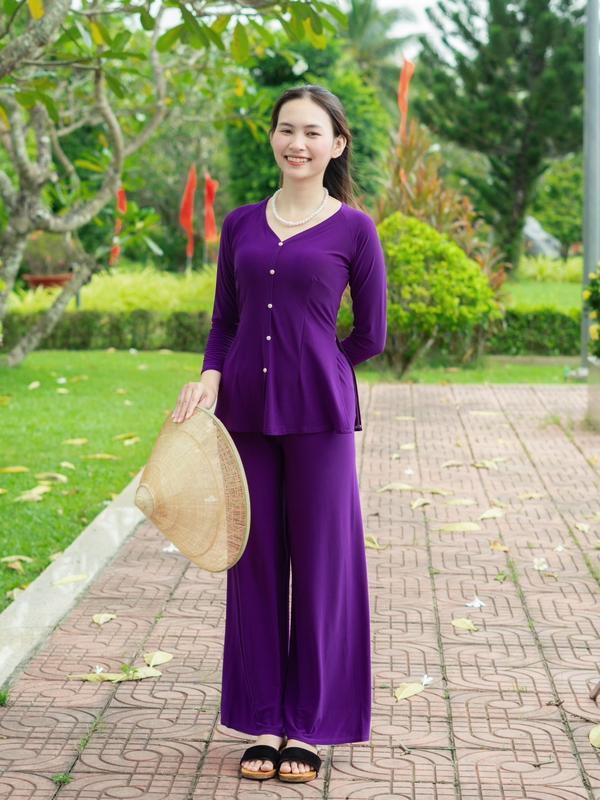 Bộ Quần Áo Bà Ba Dài Tay Trơn Cổ Tim Truyền Thống Nhiều Màu Có Nút Cài Thoải Mái Đi Chùa Du Xuân