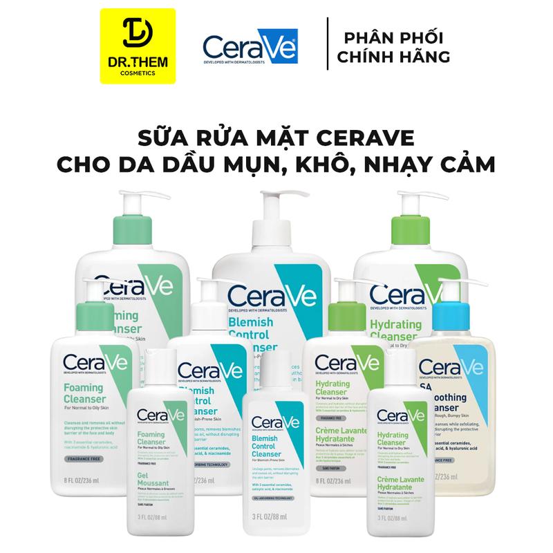 Sữa Rửa Mặt CeraVe SA Smoothing, Hydrating, Foaming Cleanser - Cho Da Dầu Mụn, Khô, Nhạy Cảm 88ml – 236ml – 473ml - Dr Thêm