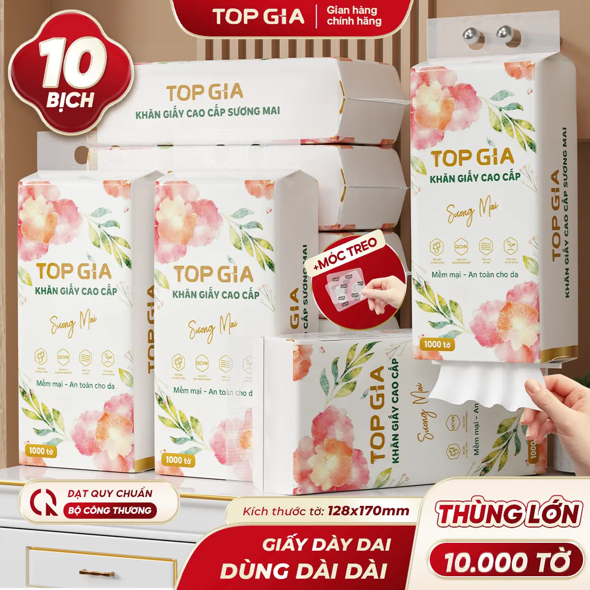 [HÀNG VIỆT - THÙNG 10 BỊCH] Thùng 10 bịch Khăn Giấy Rút Đáy Sương Mai Tặng 3 MÓC TREO - 1000 TỜ, Giấy SƯƠNG MAI Dập Vân 4D - Tờ Dai - Giấy Mịn Hơn, ĐẠT QUY CHUẨN CỦA BỘ CÔNG THƯƠNG VTG88