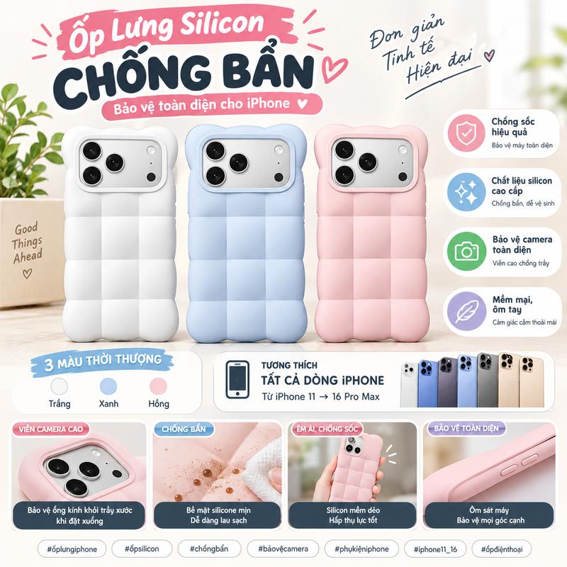 Ốp Lưng Silicone Chống Bẩn Cho iPhone 11 12 13 14 15 16 Pro Max – Ốp Bảo Vệ Camera Toàn Diện, Mềm Êm, 3 Màu