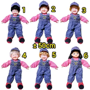 Boneka cowok jumpsuit jeans kemeja kotak merah 50cm