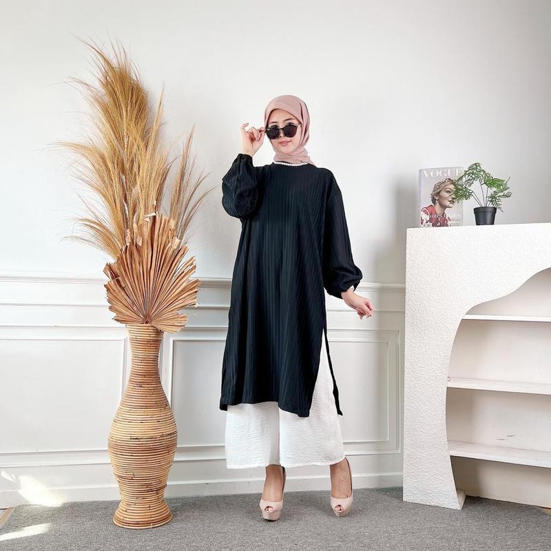 tunik wanita knit muslim ld 120 lengan karet Midi dres wanita melar 4