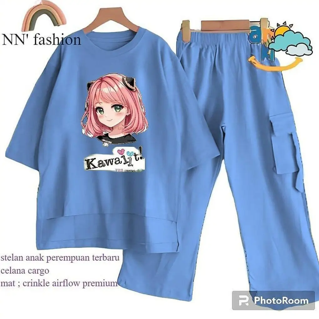 Stelan Anak Perempuan Terbaru Celana Cargo Baju Motif Anya yang Lucu - Fashion Pakaian