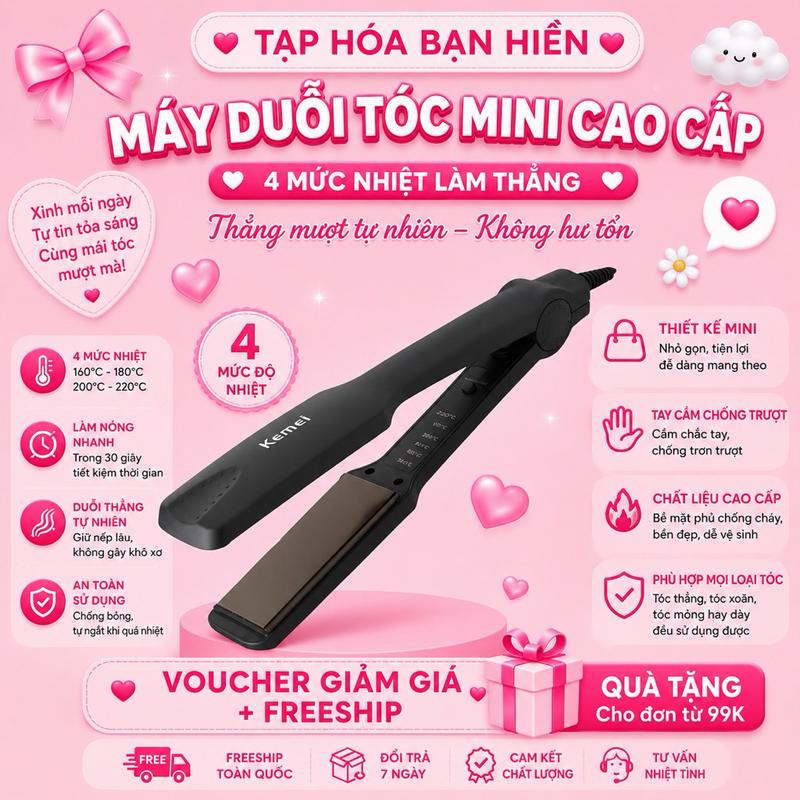Máy Duỗi Tóc Dập Xù 4 Mức Nhiệt Làm Thẳng, Uốn, Cúp Tạo Kiểu Đa Năng Mini, Chất Liệu Nhựa Không Trầy Xước Keêmi