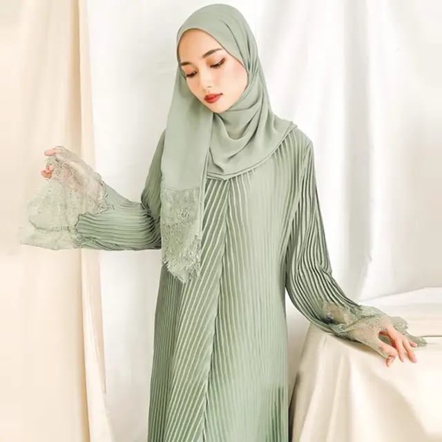 Baju raya Abaya Pleated jubah muslimah dress Lace Rhinestone Plain Premium Abaya Dubai dress viral Wedding/Engagement/dinner/Party Dress