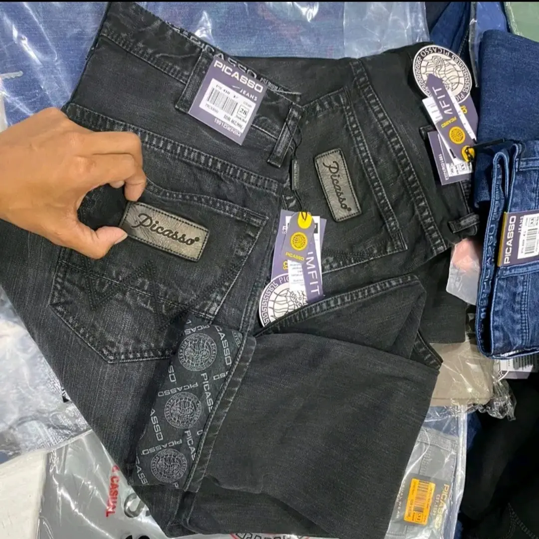picasso new W series jeans reguler slim kulit kantong belakang non stret Celana Panjang Denim