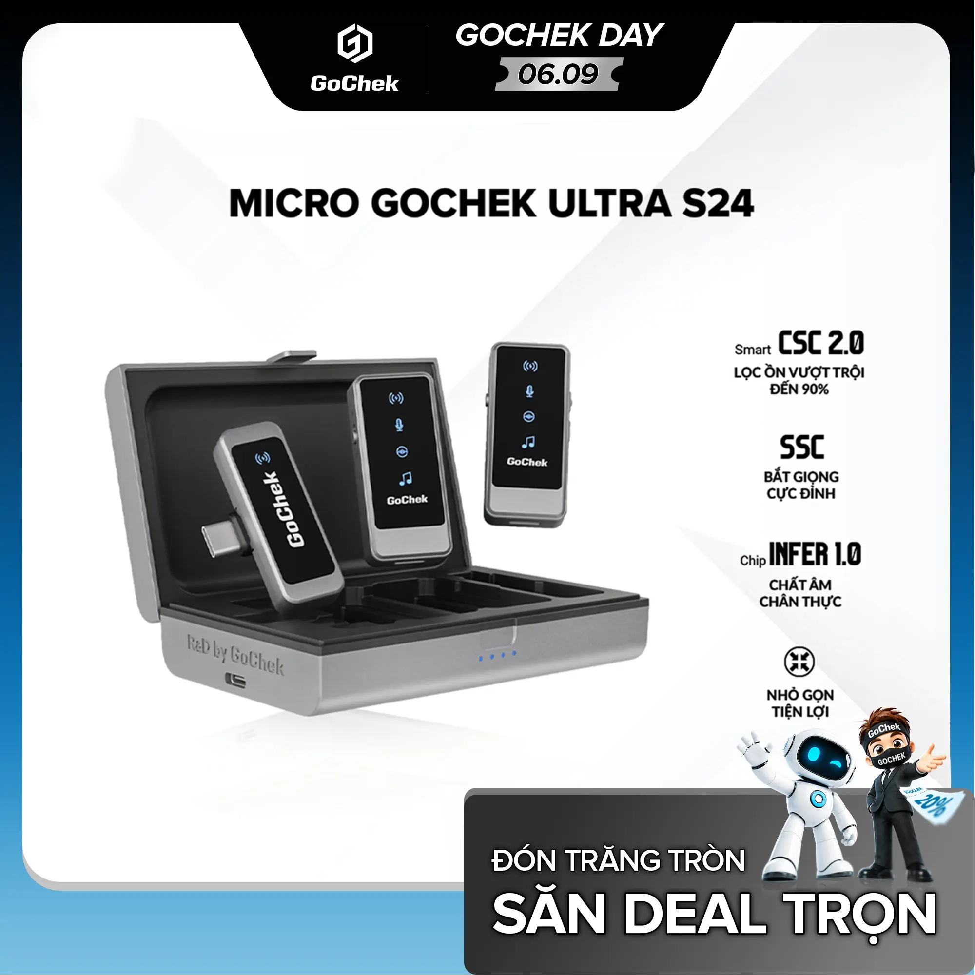 Micro thu âm không dây GoChek,Tích hợp 2 chân cắm khi live/quay video/ghi âm cho điện thoại/ ipad/ máy tính GC ULTRA S24 mic  vlogs