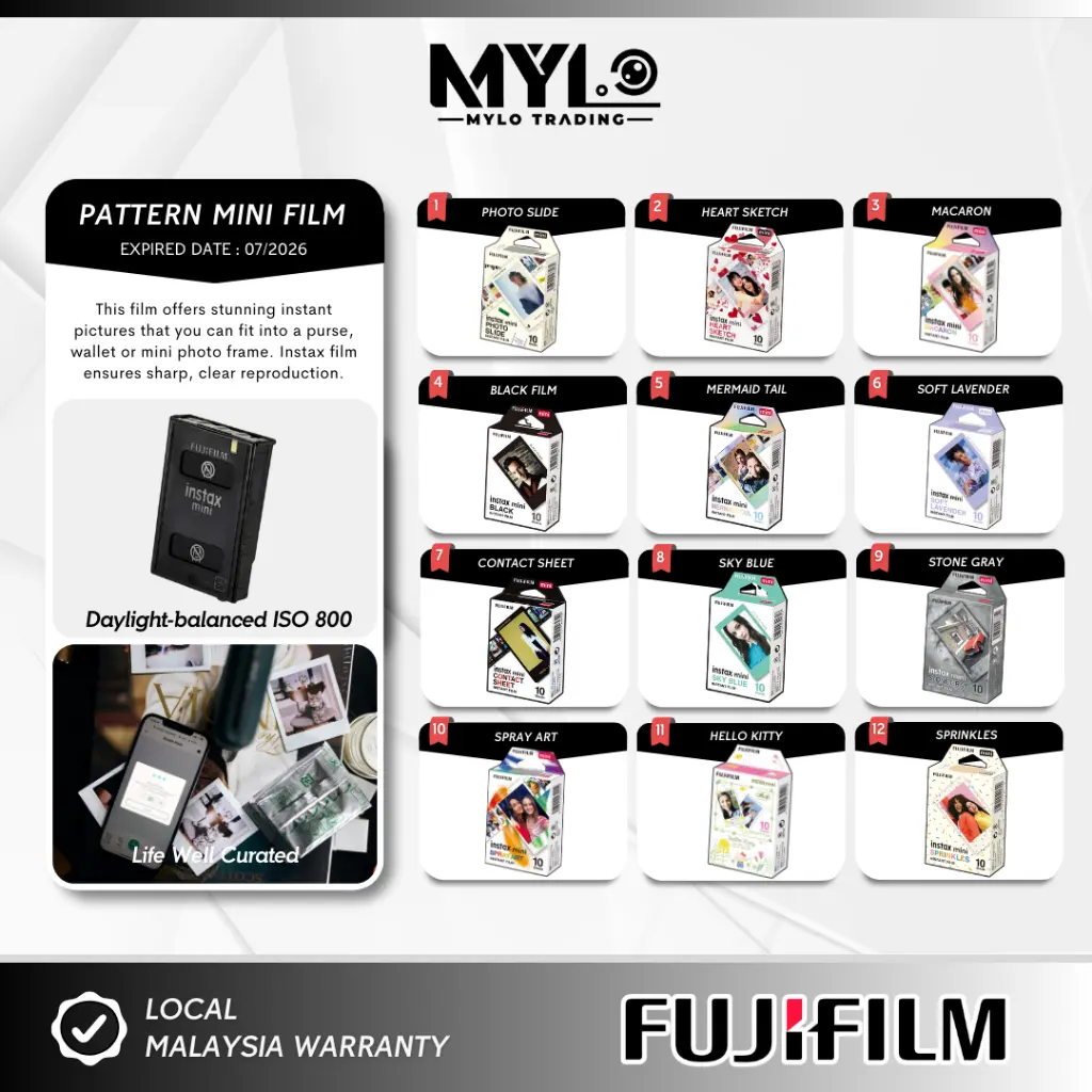 Fujifilm Instax Mini Film Single Pack - Plain & Pattern 10 Sheet Instax Mini 11 | Mini 12 | Mini Link 2 | Mini EVO