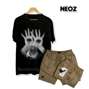 Setelan Kaos Distro Motif Dan Celana Pendek Broadshot Pria Dewasa - Katun Keren