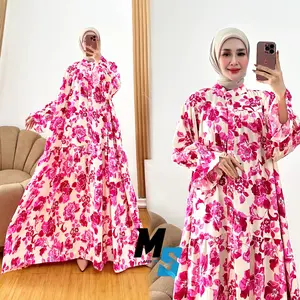 Gamis Bunga Sakura Pink Premium Flowery Maxi Dress Lebaran Bahan Rayon Lembut Busui Friendly Pola Bunga Ornamen Butterfly