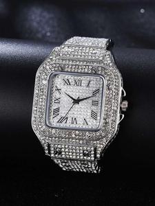 Reloj cuadrado con cielo estrellado y brazalete de acero incrustado con diamantes, escala romana para hombres estilo europeo y americano, reloj de cuarzo de moda con diseño de cielo estrellado
