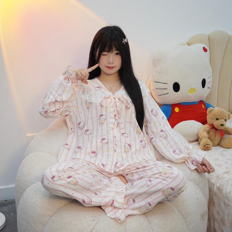 bộ ngủ DÀI TAY nữ tiểu thư cổ ren vải đũi bông mây mùa thu mặc đi ngủ thoải mái Women Quần Ngủ Áo Ngủ Cotton