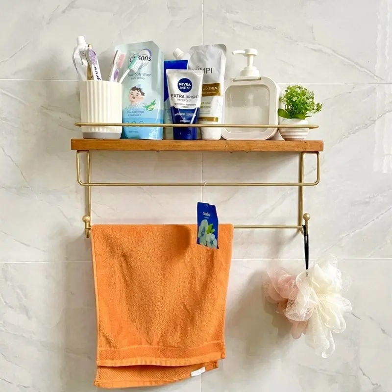 Rak Dinding Kamar Mandi 52cm + Pembatas Keliling || Minimalis (Gantungan Handuk & Tempat Sabun) (Rak Bumbu &  Gantungan Lap) (Rak Alquran & Sajadah Alat Sholat) Kayu Solid Serbaguna