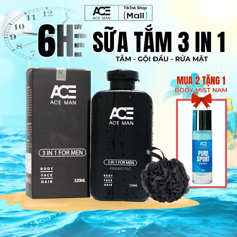 Sữa tắm 3 IN 1 cho nam ACEMAN PREBIOTIC 320ML tắm gội toàn thân cho nam giới sữa tắm nam thơm lâu mùi hương nam tính quyến rũ