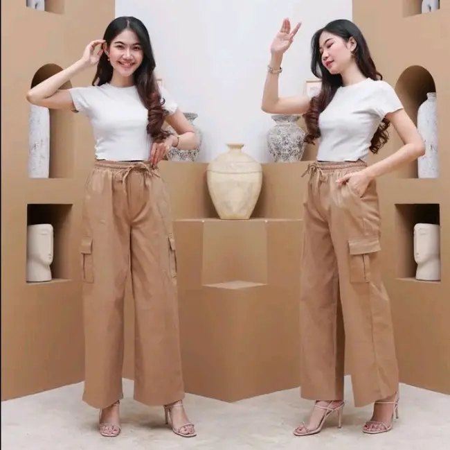 celana kulot cargo wanita Katun Linen Panjang Dewasa Kain Loose 0