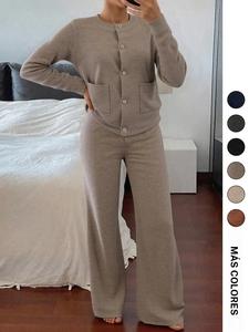 Conjunto de suéter de punto cómodo y casual para mujer con cuello redondo y manga larga, pantalones de pierna ancha versátiles de cintura alta, perfecto para uso diario