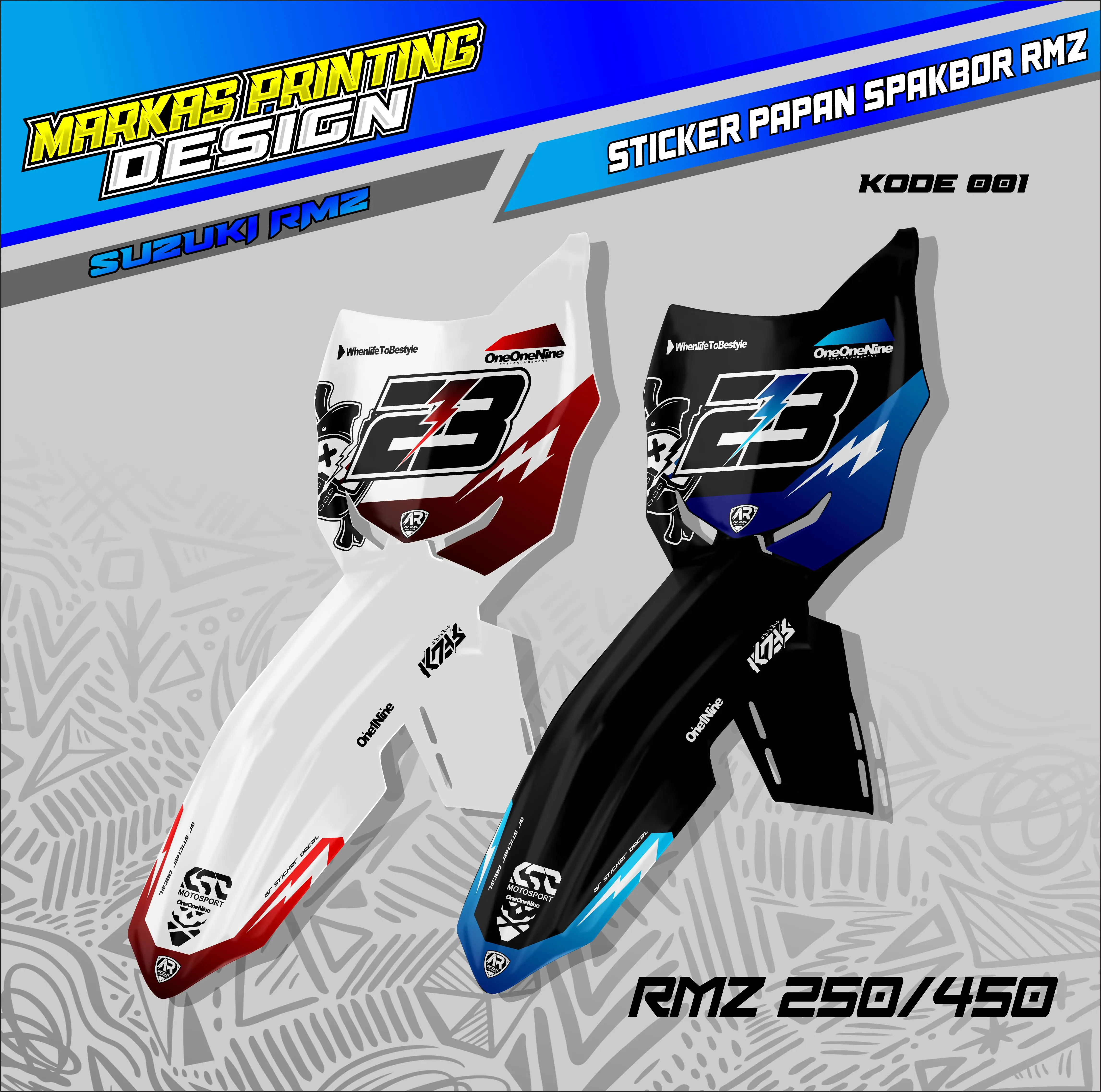 Stiker Dekal Papan Nomor dan Slebor RMZ 250 Decal Papan dan Spakbor Depan rmz 450 / 250 VE 002 untuk Motor - Motorcycle