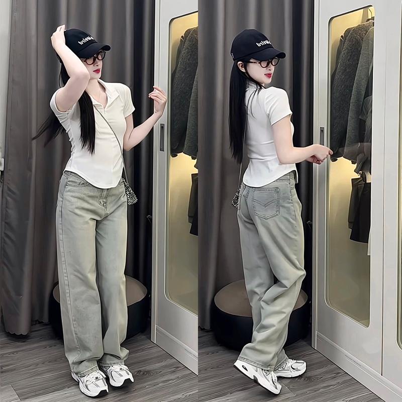 Quần Jean Ống Suông Wash Sáng Lưng Cao Nữ LEDA Quần Bò Rin Ống Rộng 9 Tấc Nấm Lùn 1m5 Quần 88-93cm