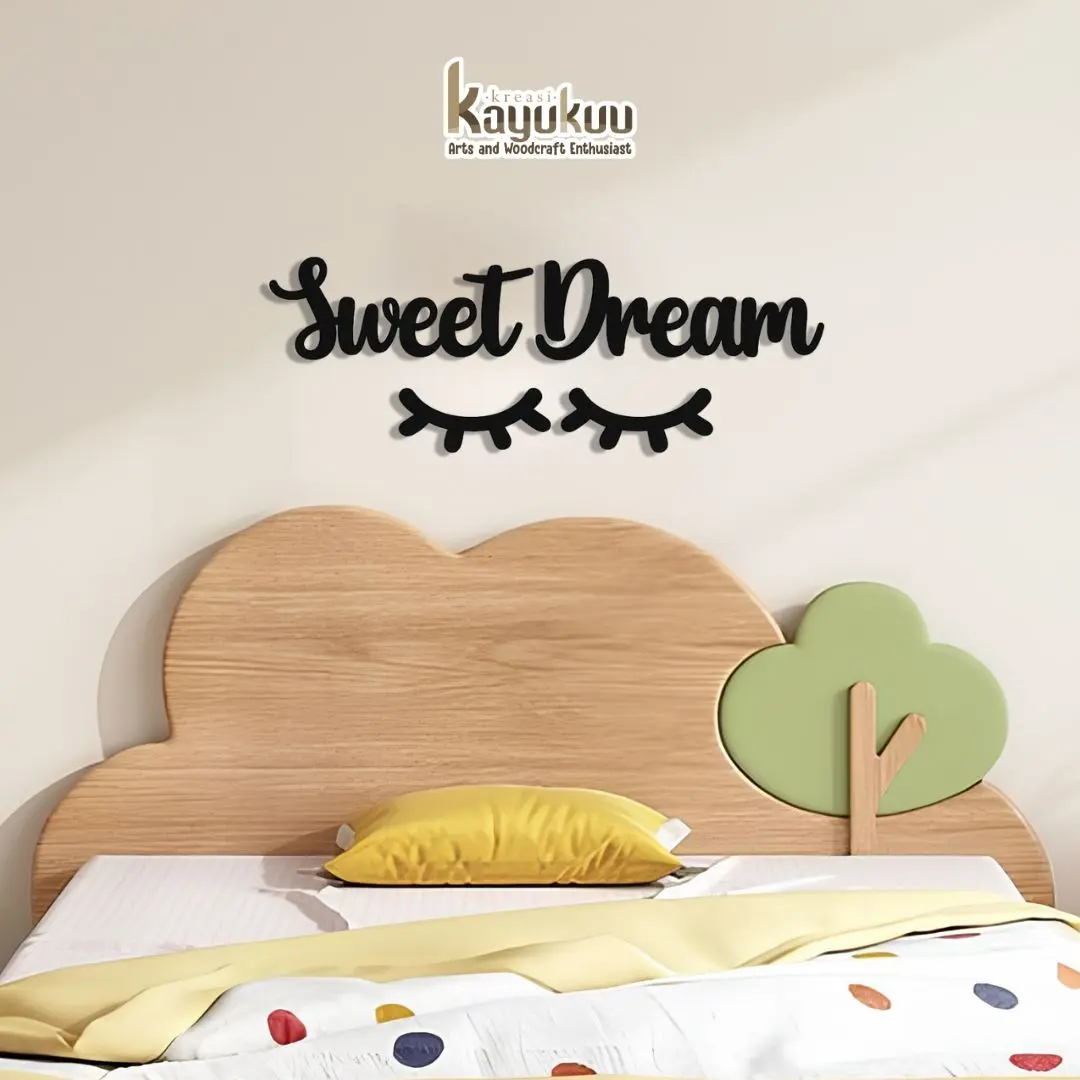 Kreasikayukuu Hiasan Dinding Sweet Dream + Sleep Eyes Bahan Plywood 5mm | Dekorasi Kamar Anak Minimalis
