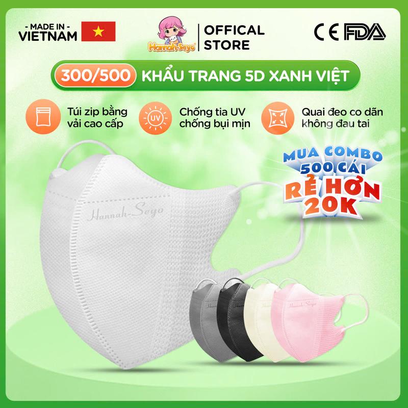 COMBO GIÁ HỜI Thùng 300c 500c chiếc Khẩu trang 5D Xanh Việt Hannah-Seyo chống tia UV Chống nắng & Bụi Mịn 3 Lớp Cao Cấp Thiết Kế Thông Minh Quai Co Giãn Chống Hơi Nước