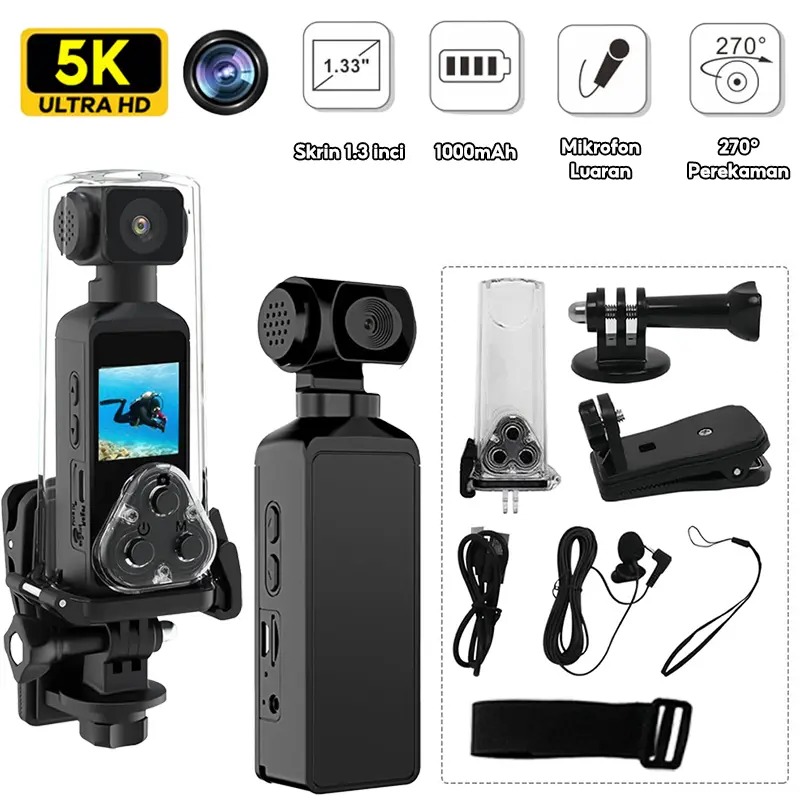 Kamera HD WiFi, Resolusi 4K, 270 Kamkoder Mini Boleh Putar, Sesuai untuk Sukan Luaran, DV dengan Sarung Kalis Air, Perakam Video, Rakaman Kamkoder, Kualiti Video 720P