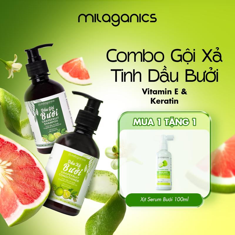 Combo Dầu Gội Xả Mọc Tóc Tinh Dầu Bưởi MILAGANICS Vitamin E & Keratin Dưỡng Mọc Tóc Cải Thiện Chất Tóc Và Dưỡng Phục Hồi Keratin Tóc Chắc Khỏe