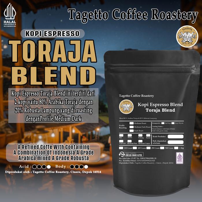 Gambar KOPI ESPRESSO TORAJA BLEND 80% ARABICA 20% ROBUSTA | BEAN GROUND BIJI BUBUK TAGETTO COFFEE - 200GR, MEDIUM DARK ROAST, BIJI KOPI dari Tagetto Coffee Roastery Kota Depok Tokopedia