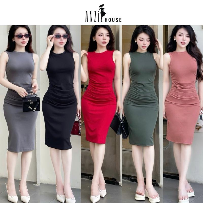 [HOT] Đầm Body Sát Nách Nhún Eo Che Khuyết Điểm Bụng dáng ngắn Fom Anzi House, thun Borip Hàn Quốc loại 1, Co giãn mát mẽ vay tieu dung đi dam di bien