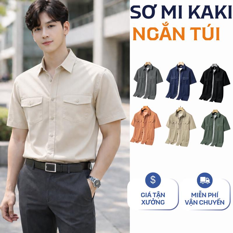 Áo sơ mi kaki nam ngắn tay form thoải mái cao cấp 2 túi dày dặn chất liệu 100% cotton thoáng mát