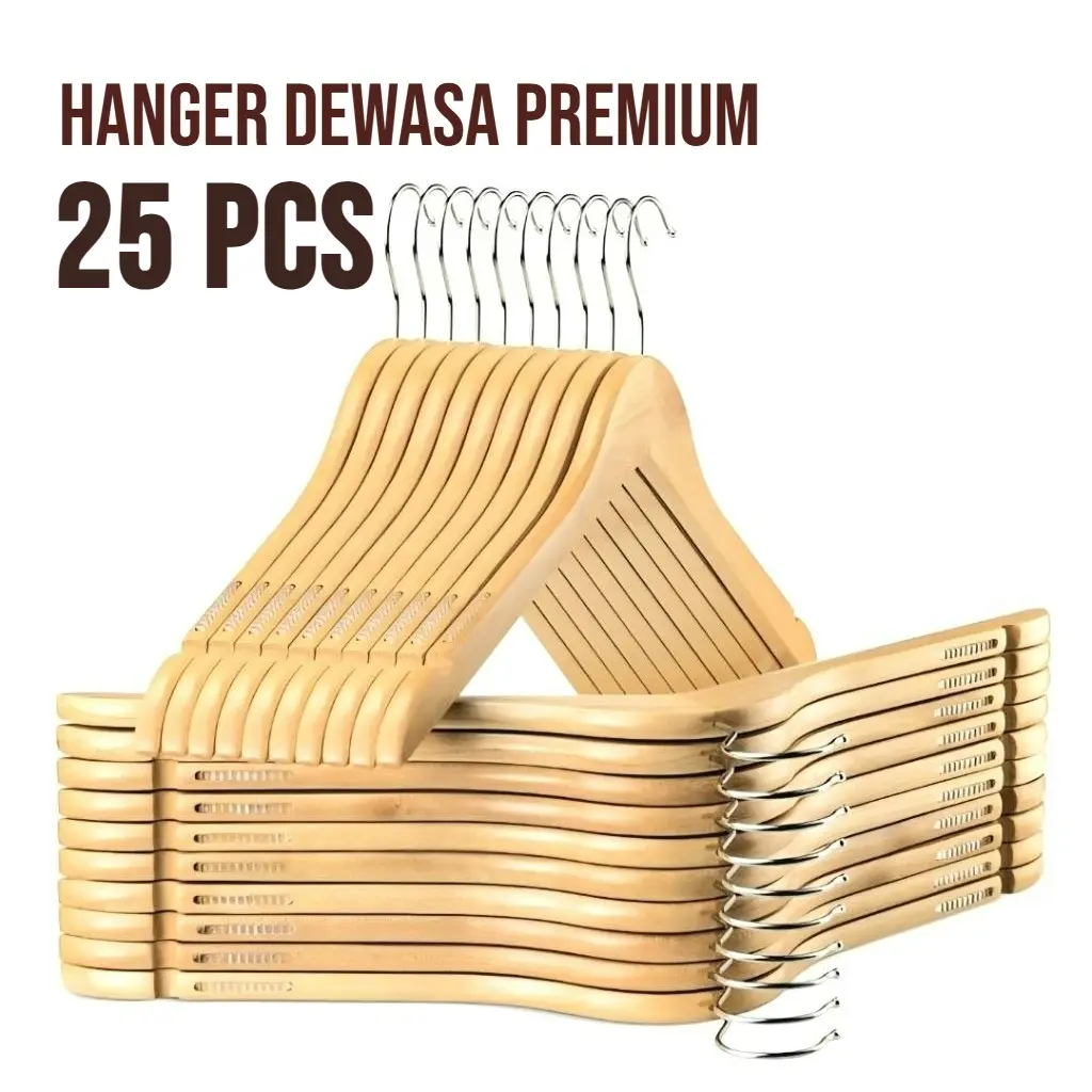 Hanger Kayu Dewasa 25 Pcs Gantungan Baju Grade A Warna Natural Bahan Tebal Premium