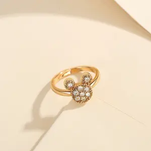 Lanme Jewelry Cincin Titanium Anak Cincin Kristal Mickey Berlian Titanium Steel Warna Emas Anak Rings Adjustable Size Hadiah Ulang Tahun LM049