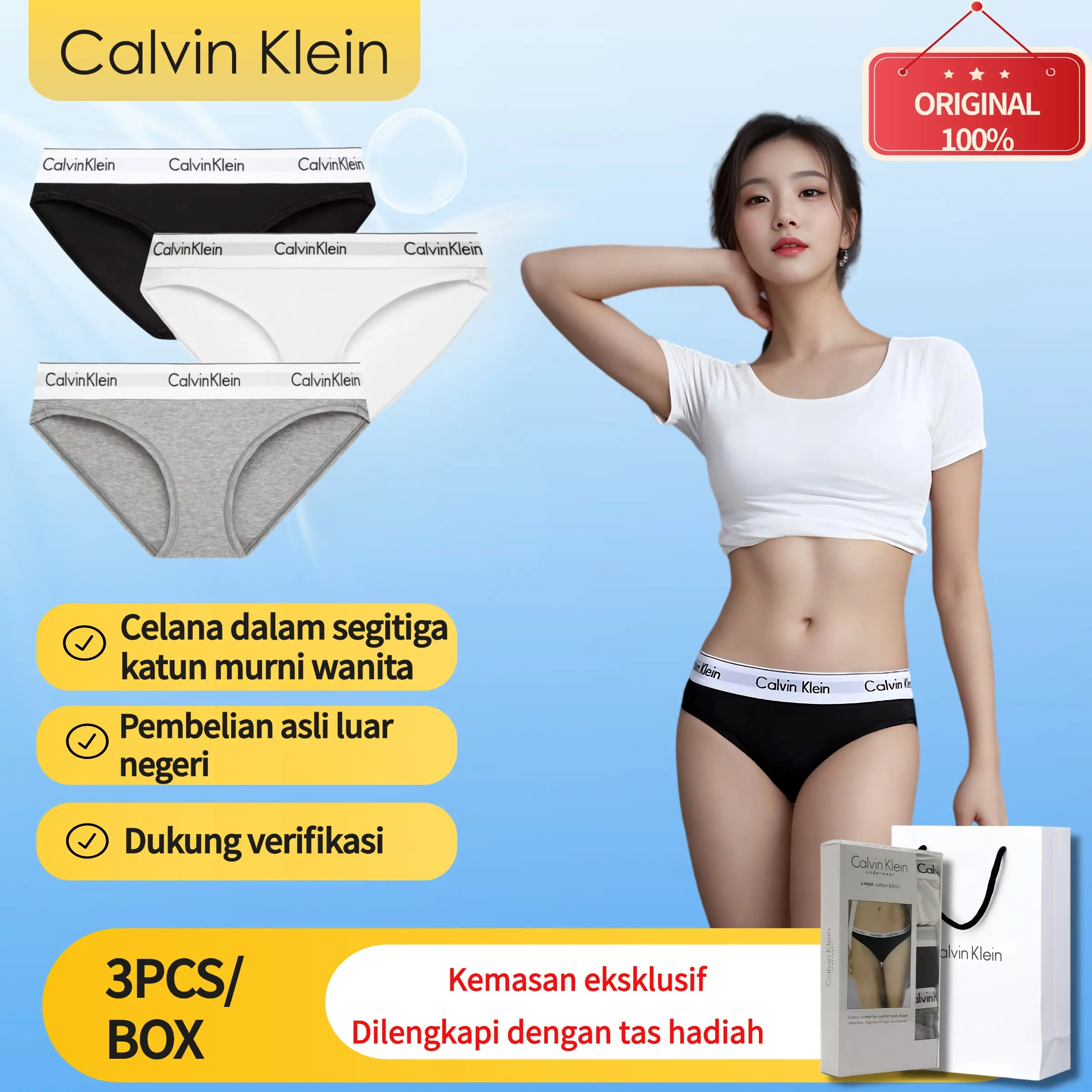 Celana dalam wanita Calvin Klein asli model segitiga katun murni antibakteri bernapas bikini-paket 3 pcs Celana dalam wanita Calvin Klein asli model segitiga katun murni antibakteri bernapas bikini-paket 3 pcs