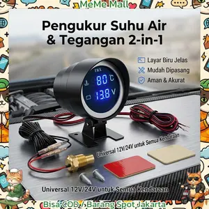 Pengukur Suhu Air Mobil Truk & Voltmeter Digital 2 in 1 Universal 12V 24V Layar LED Biru Water Temp Gauge Voltage Meter Akurat Bonus Baut & Perekat Kuat