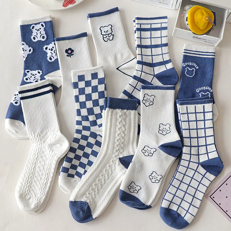 Misso Kode KK574 Kaos Kaki Panjang Motif Garis Putih Biru Kaus Kaki Olahraga Atas Mata Kaki Unisex  Pendek  Hitam Wanita Dewasa Cewek