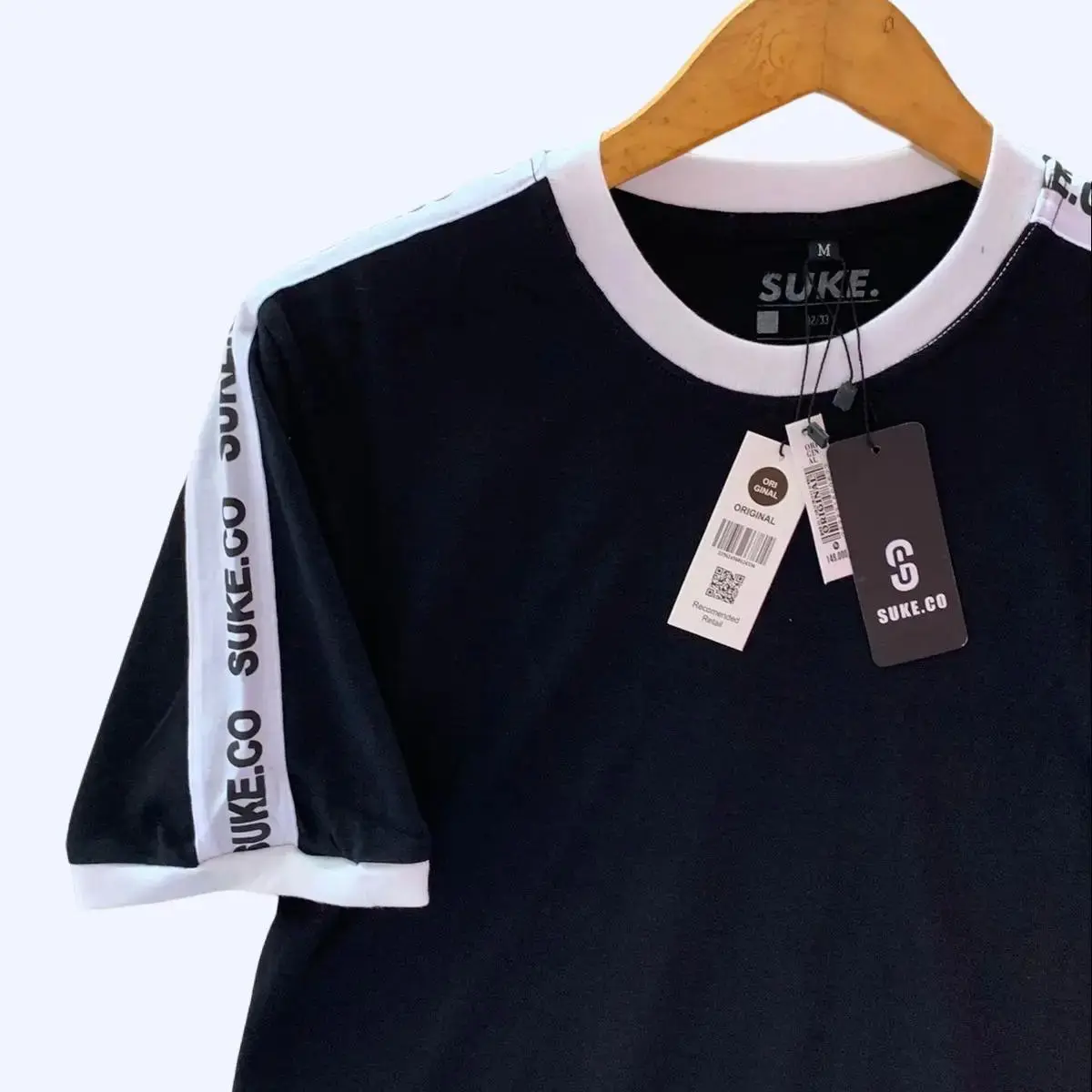 SUKE-CO kaos stripe bahu hitam-baju hitam pria dewasa premium 100% katun tebal adem