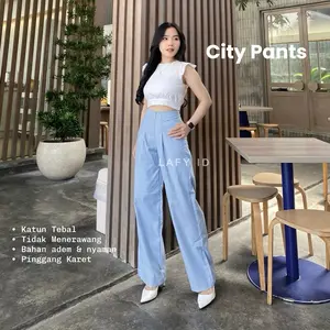 Lafy.id City Pants Celana Panjang Wanita Kantor Kuliah Tebal Stripe Motif Garis Kulot Pinstripe Karet Lembut Loose Katun Basketwave Nyaman Basic