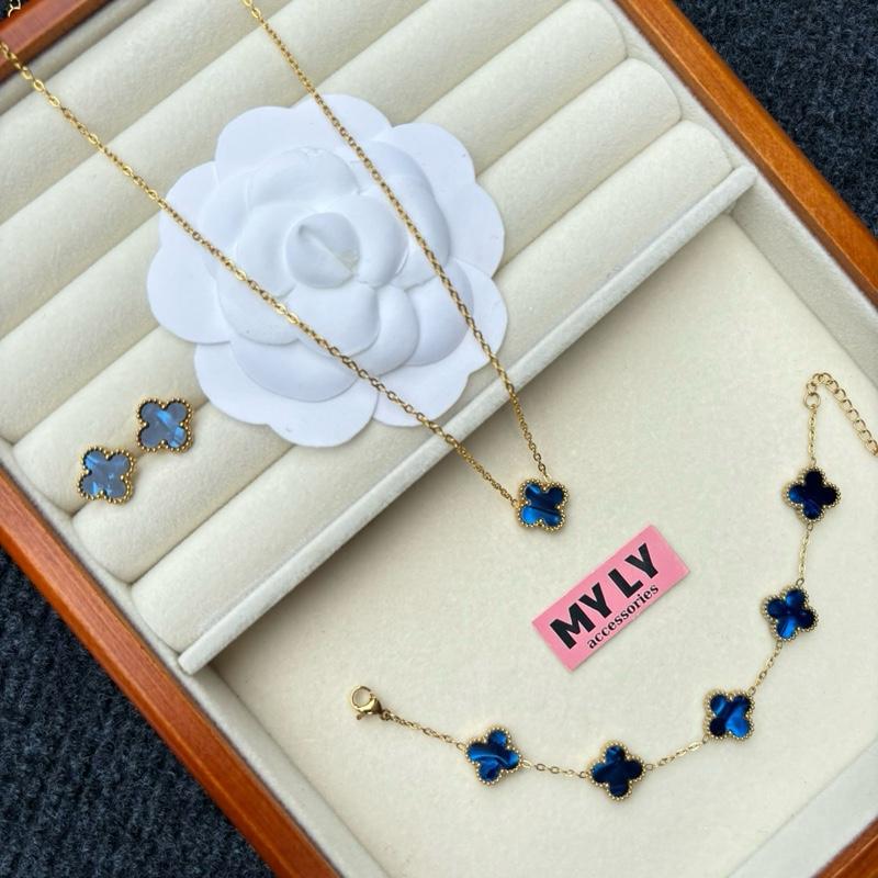 [Deal mở bán] Set cỏ 4 lá mạ vàng 18k titan không gỉ mặt đá xà cừ loang màu(Set gồm 3 món dây chuyền/ bông tai/ lắc tay)