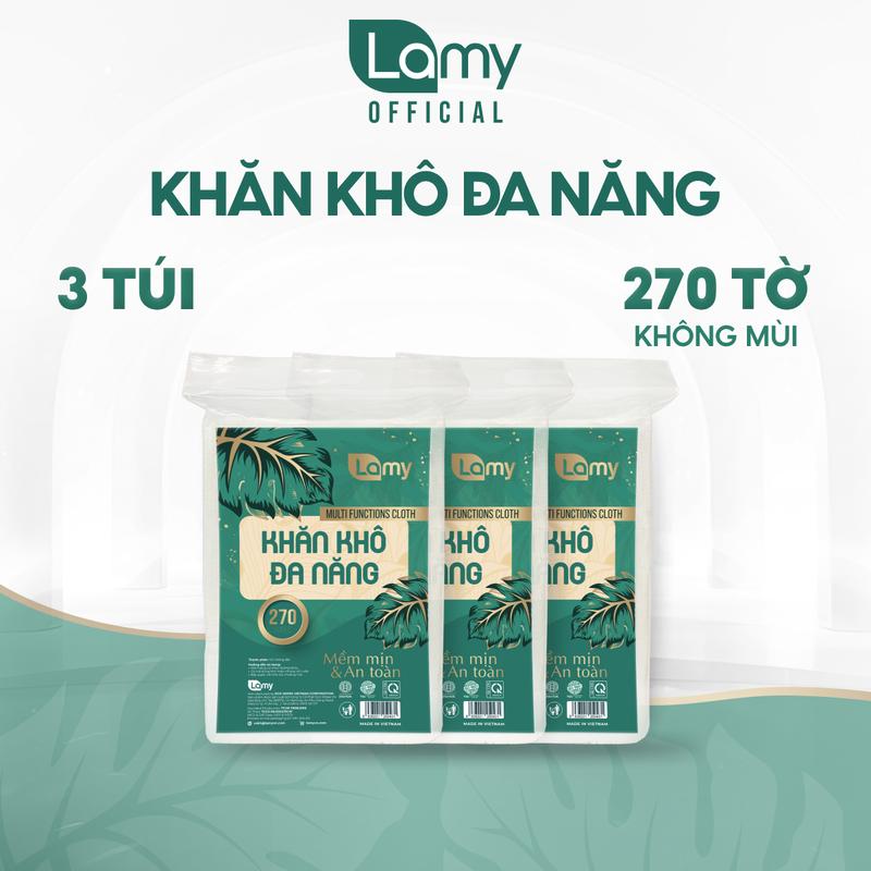 Lamy - 3 Túi khăn khô đa năng 270 tờ/túi không chất tẩy trắng không paraben cho bé - khăn tắm dùng khô hoặc ướt